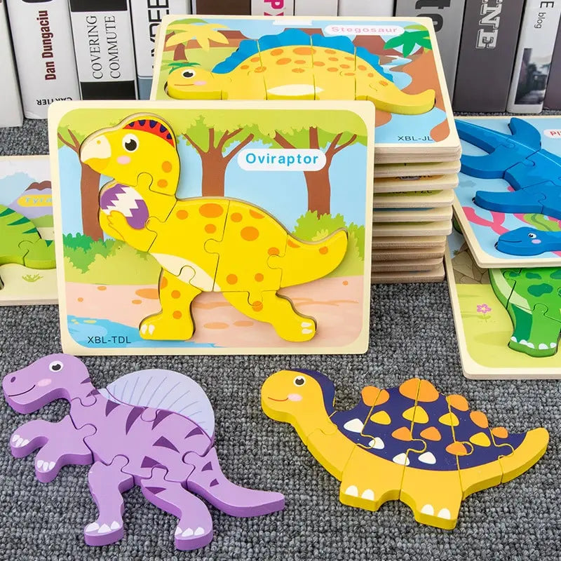 3D Cartoon Dinosaur Wooden Puzzle Kids Educational Toy Montessori Dino ...