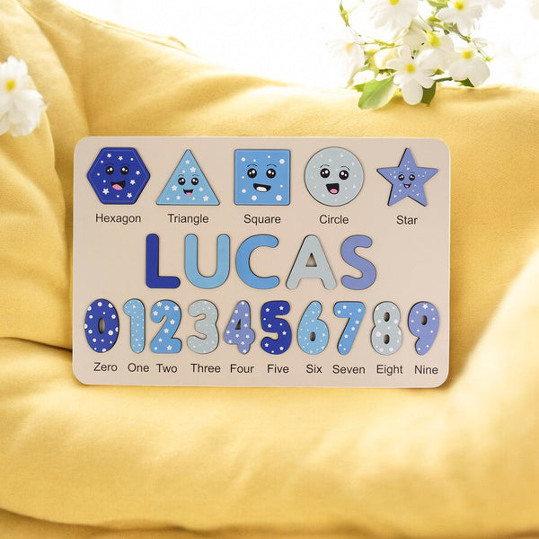 Personalized Wooden Name Puzzle - Happy Blue Number Puzzles
