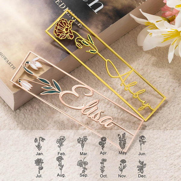 Personalized Hand-made Watercolor Birth Flower Bookmark with Name Birthday Gift for Books Lover Reader