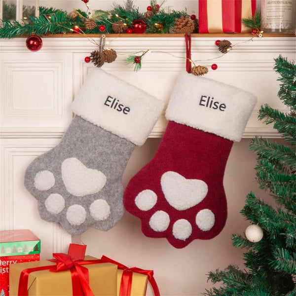 Personalized Name Embroidered Dog Paw Christmas Stocking, Christmas Gift Bag