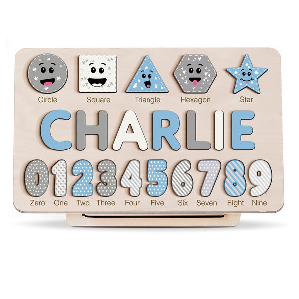 Personalized Wooden Name Puzzle with Numbers & Shapes – Light Blue