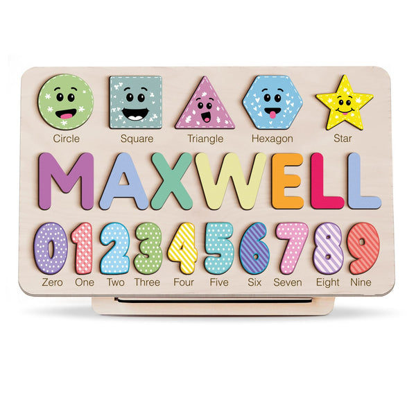 Personalized Wooden Name Puzzle with Numbers & Shapes – Pastel