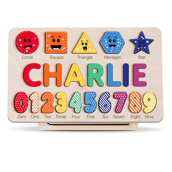 Personalized Wooden Name Puzzle with Numbers & Shapes – Rainbow
