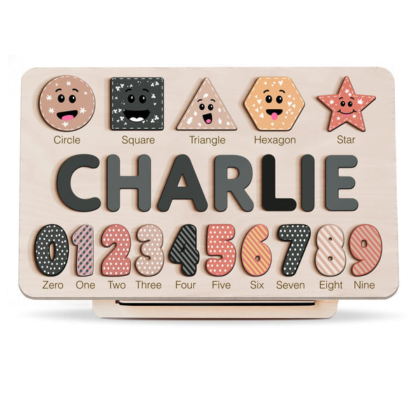 Personalized Wooden Name Puzzle with Numbers & Shapes – Space Grey