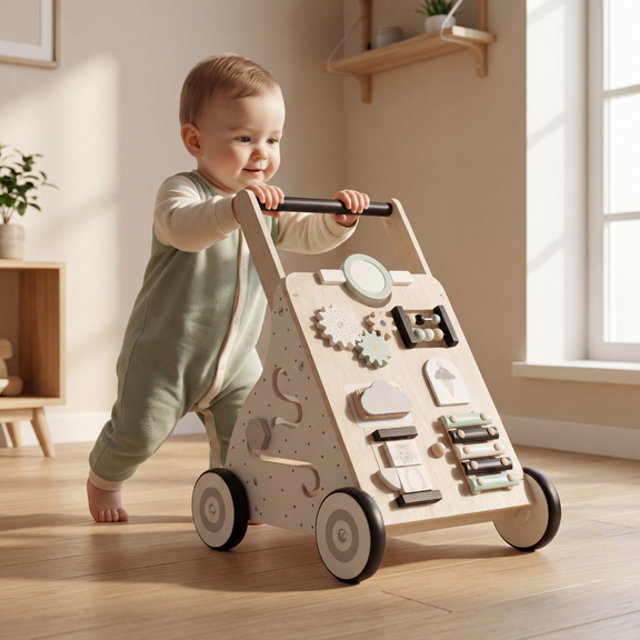 Montessori Interactive Walker Wooden Baby Walker Activity Center for T ...